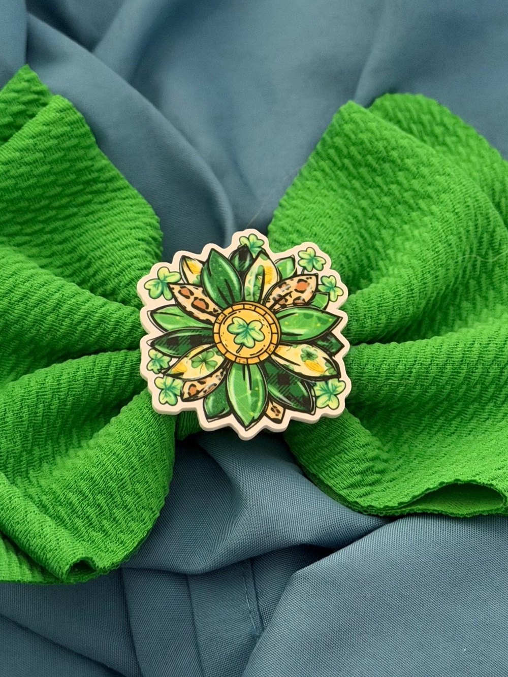 Green Floral Clover hair bow
